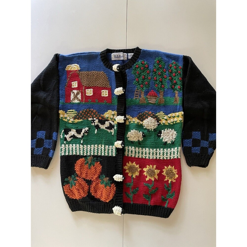 Large Vintage BellePointe Farm Themed Cardigan Sweater with 3-D Sheep Buttons